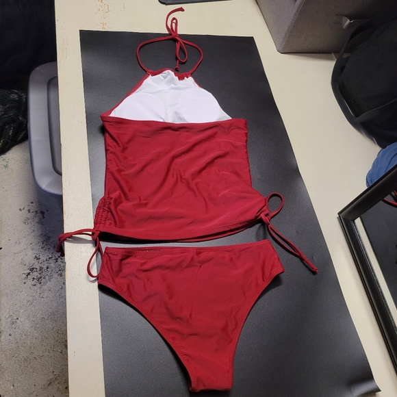 Solid Tummy Control Drawstring Side Tankini Set Red - Picture 8 of 13